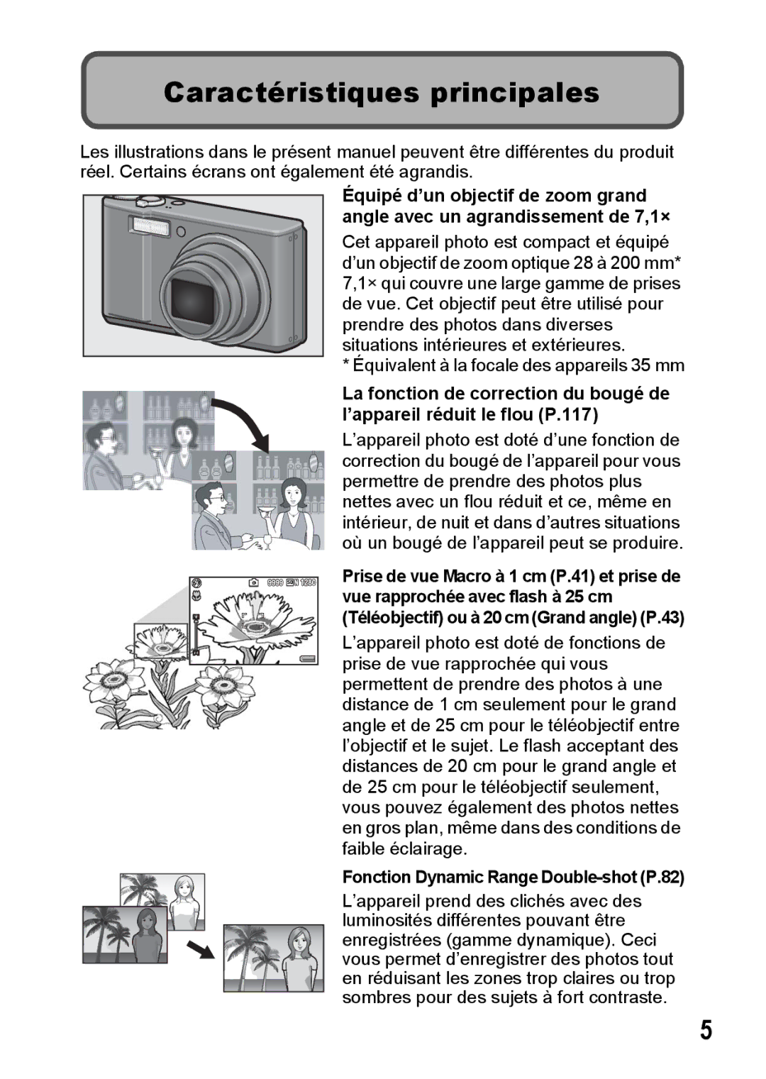 Ricoh CX1 manual Caractéristiques principales, Fonction Dynamic Range Double-shot P.82 