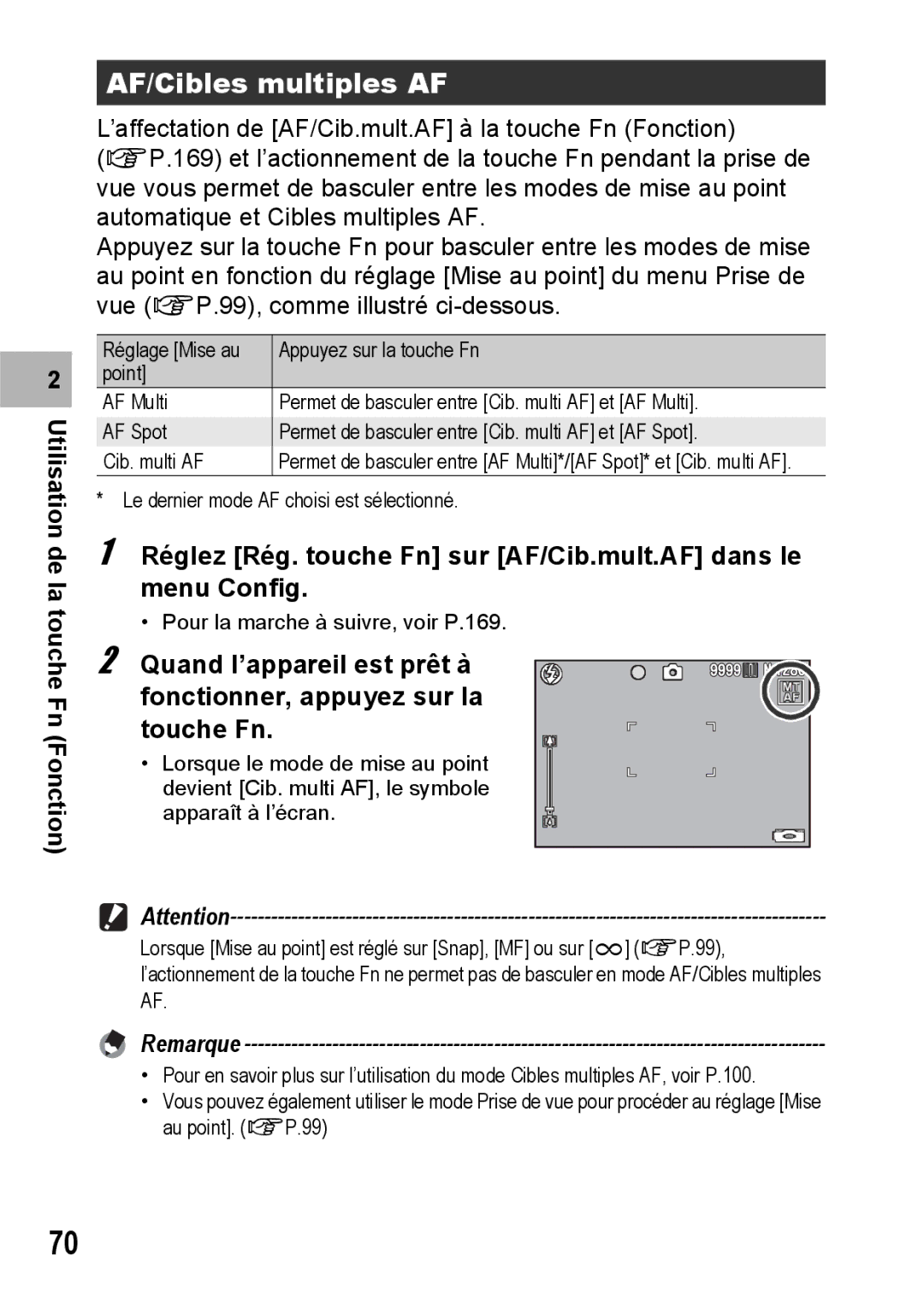 Ricoh CX1 manual AF/Cibles multiples AF, Réglez Rég. touche Fn sur AF/Cib.mult.AF dans le menu Config 