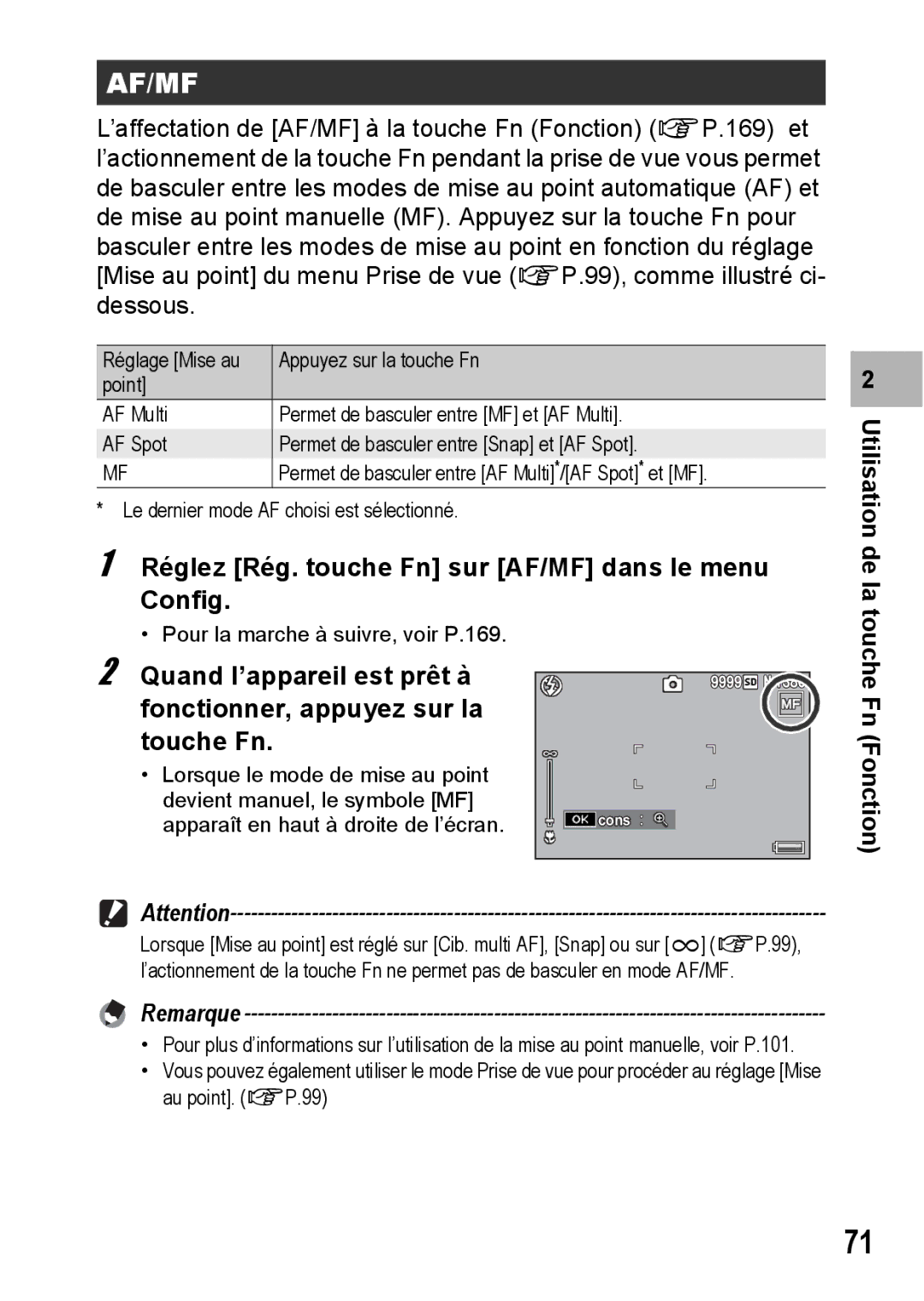 Ricoh CX1 manual Réglez Rég. touche Fn sur AF/MF dans le menu Config, Fn Fonction 