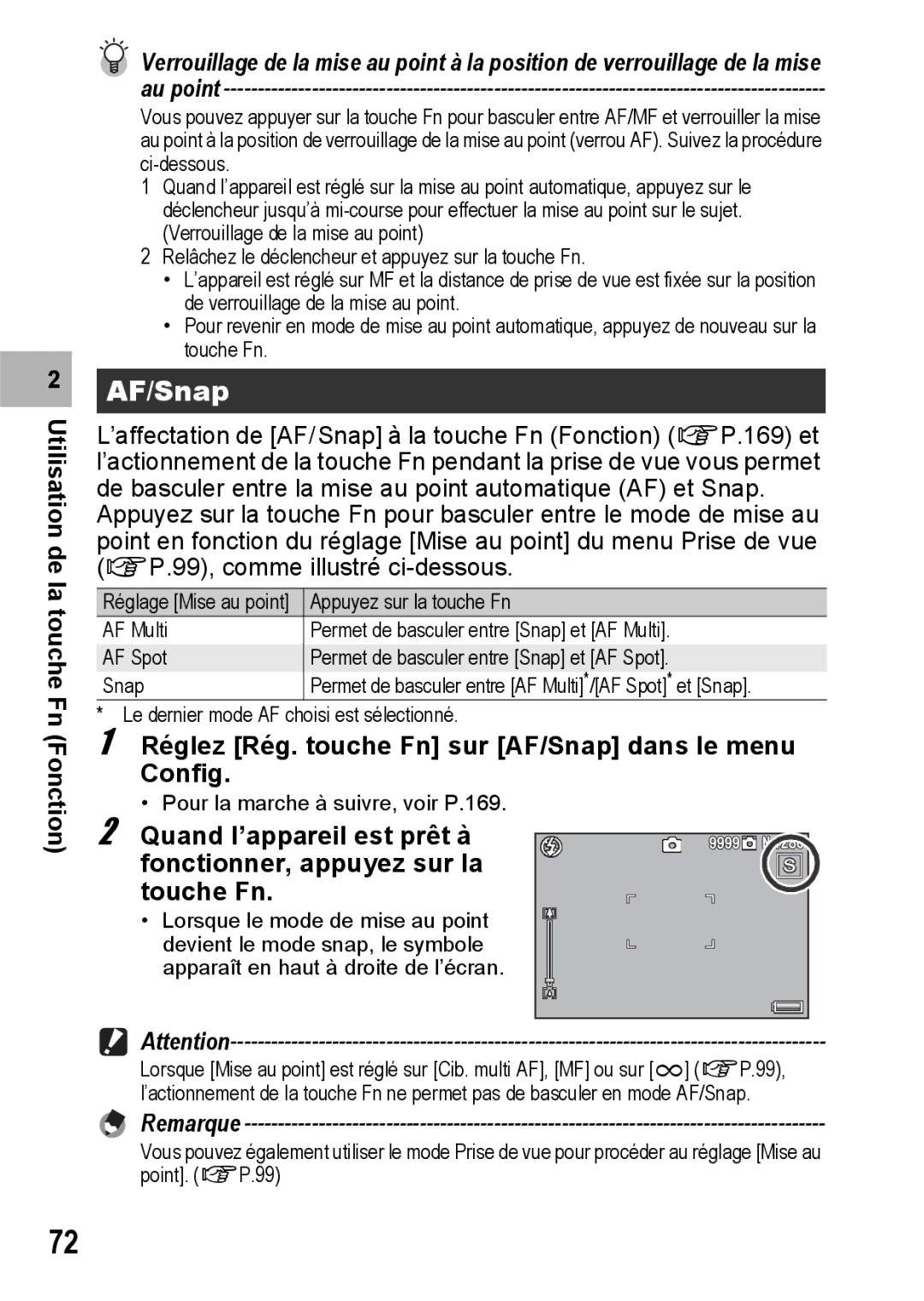 Ricoh CX1 manual Réglez Rég. touche Fn sur AF/Snap dans le menu Config 