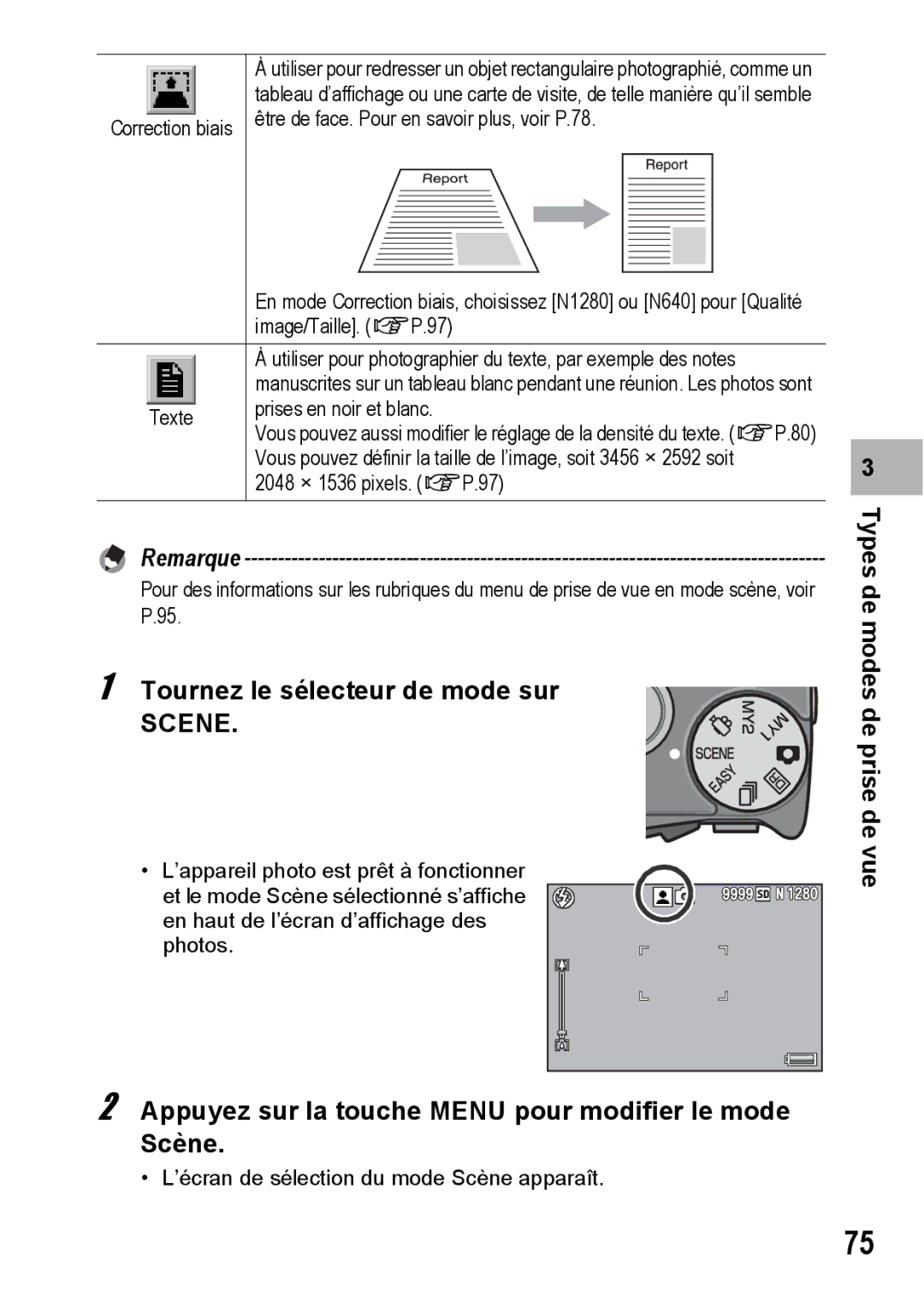 Ricoh CX1 manual Tournez le sélecteur de mode sur, Appuyez sur la touche Menu pour modifier le mode Scène 