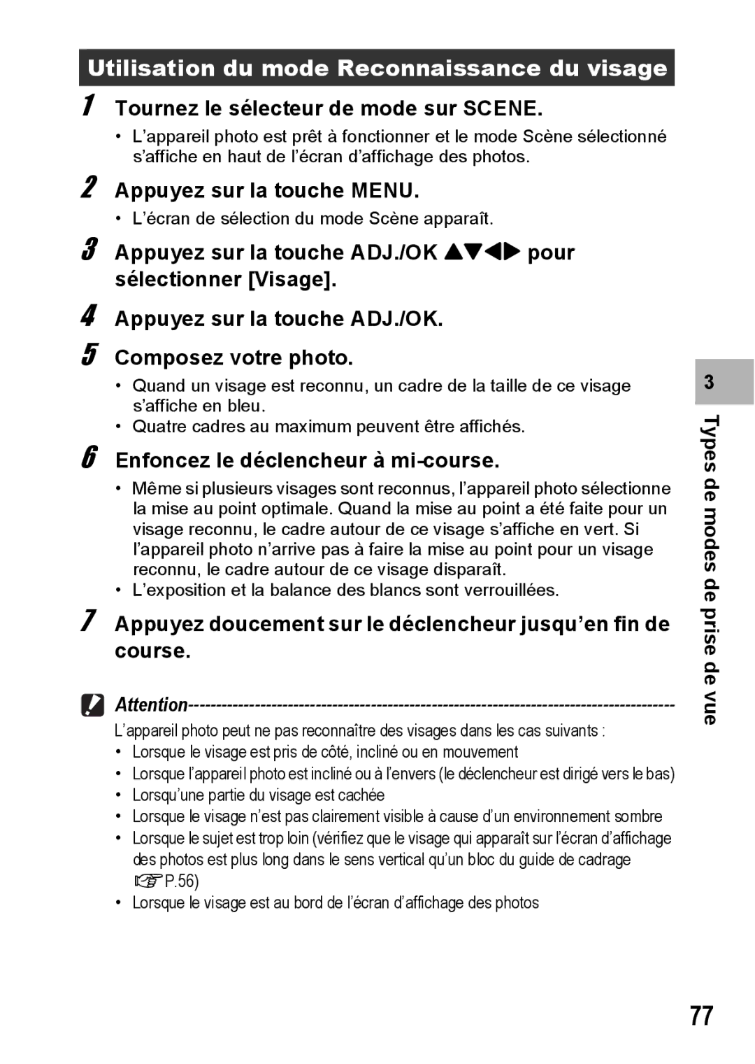 Ricoh CX1 Utilisation du mode Reconnaissance du visage, Tournez le sélecteur de mode sur Scene, Appuyez sur la touche Menu 