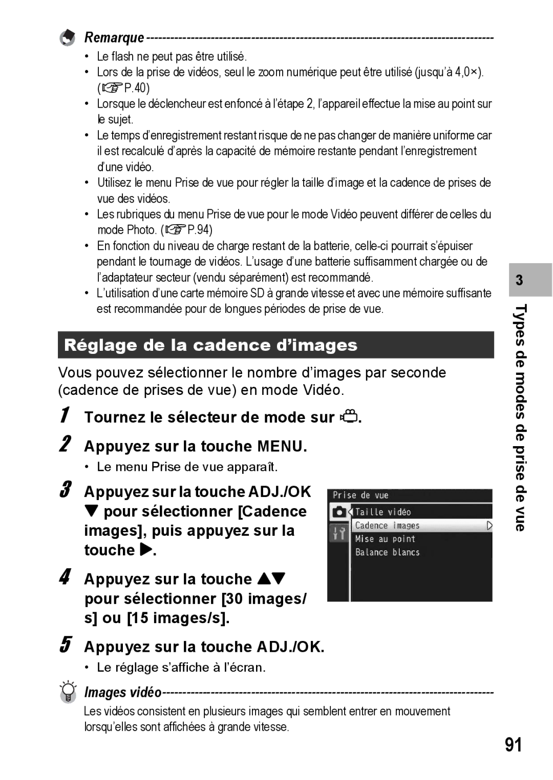 Ricoh CX1 manual Réglage de la cadence d’images, Tournez le sélecteur de mode sur Appuyez sur la touche Menu 