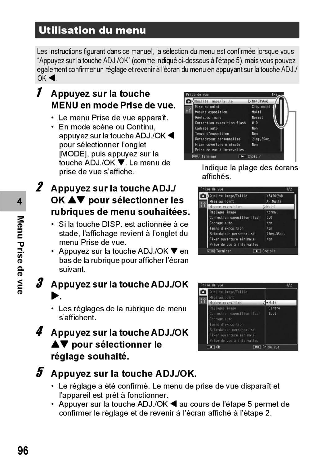 Ricoh CX1 manual Utilisation du menu, Vue Appuyez sur la touche ADJ./OK $ 