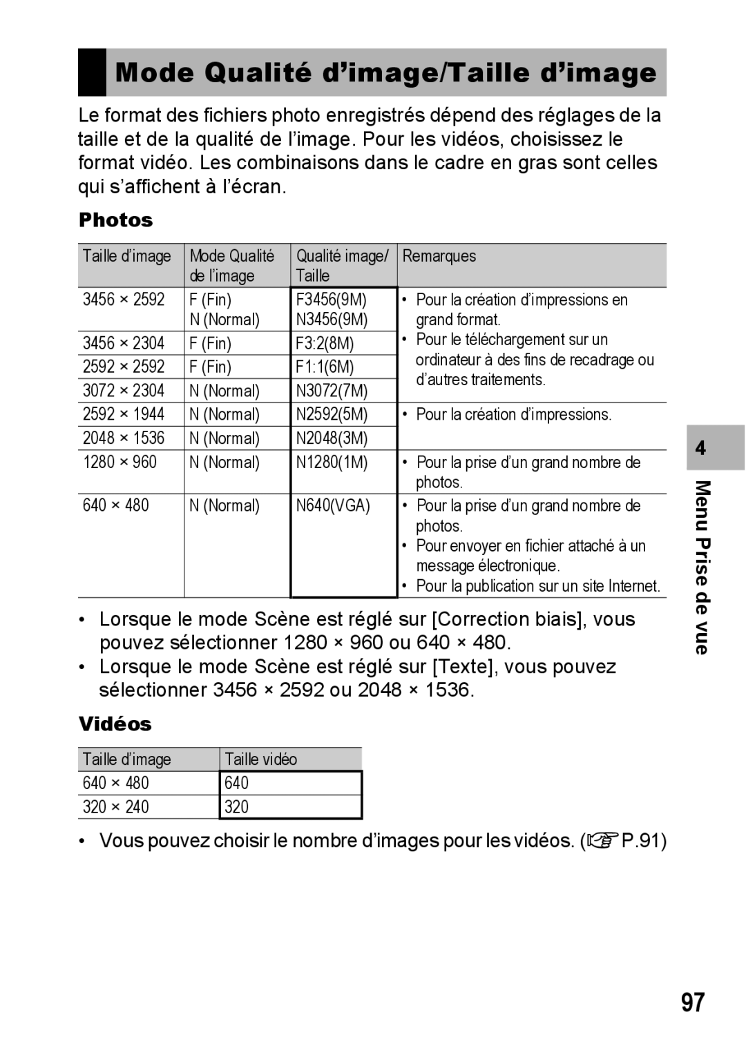 Ricoh CX1 manual Mode Qualité d’image/Taille d’image, Photos 