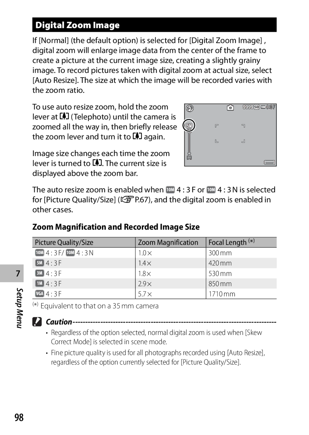 Ricoh CX3 manual Digital Zoom Image, Zoom Magnification and Recorded Image Size, Focal Length 