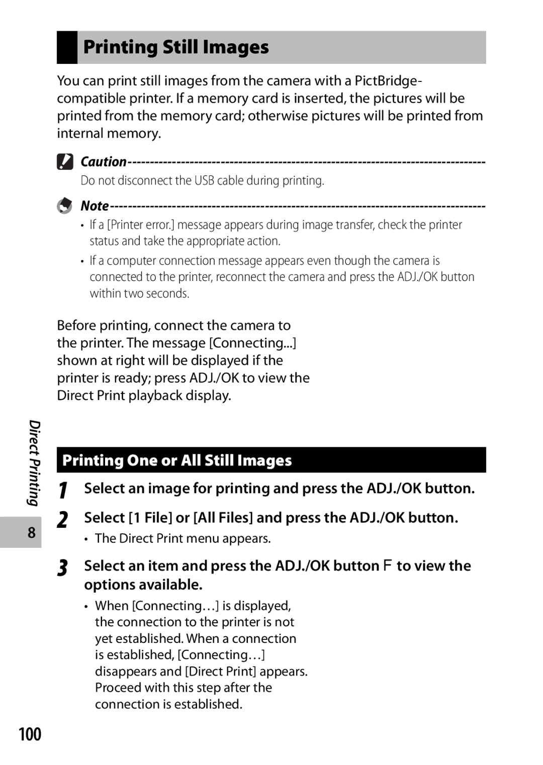 Ricoh CX3 manual Printing Still Images, 100, Printing One or All Still Images, Options available 