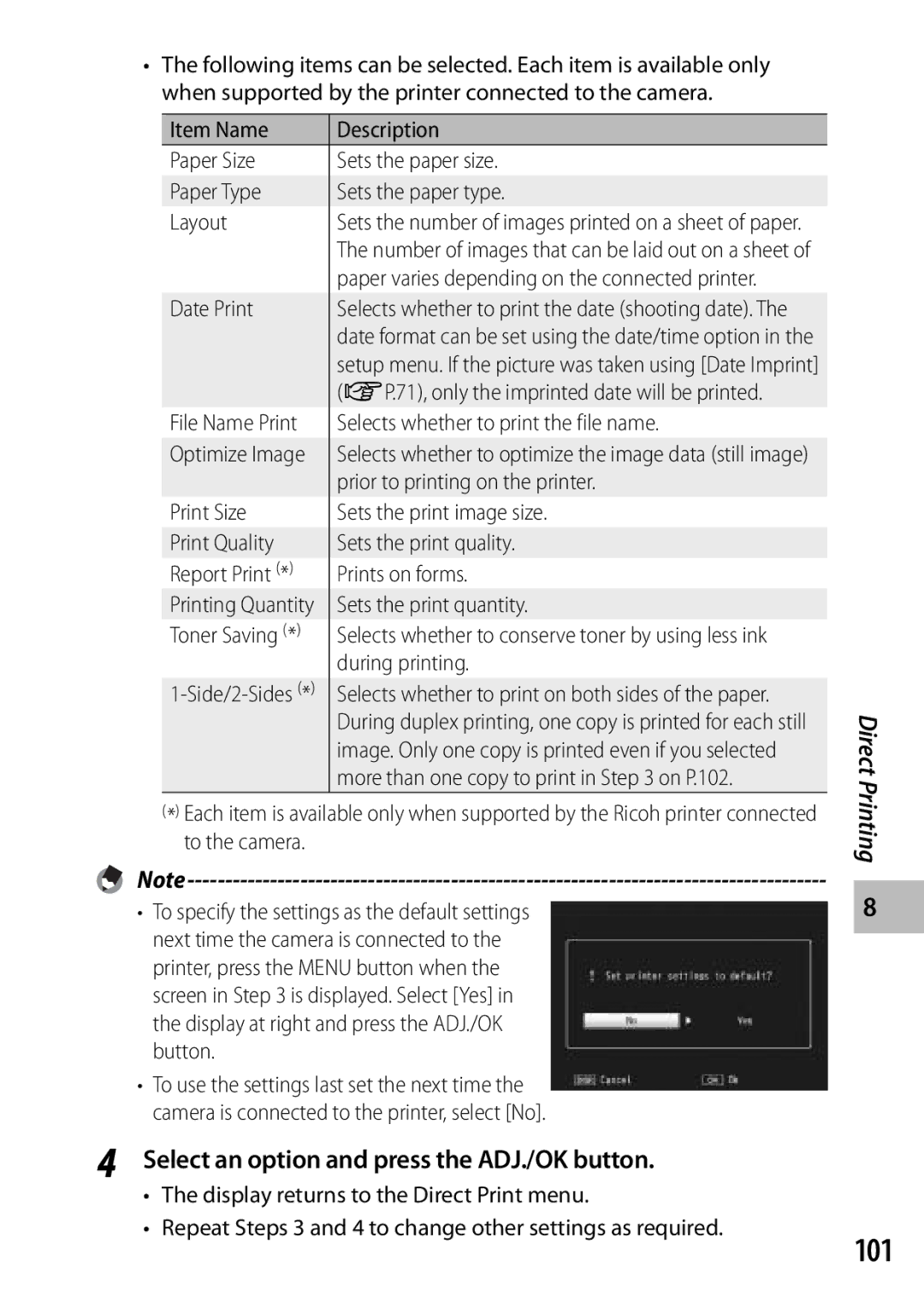 Ricoh CX3 manual 101, Select an option and press the ADJ./OK button 