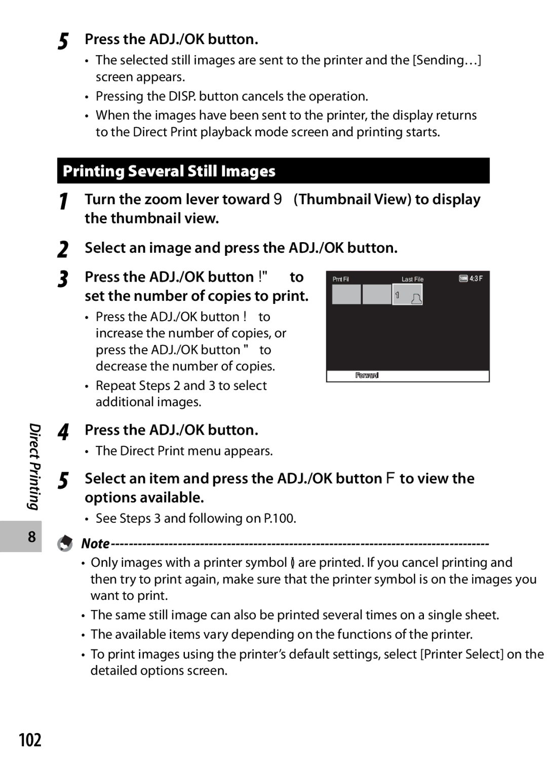 Ricoh CX3 manual 102, Printing Several Still Images, Press the ADJ./OK button !to 