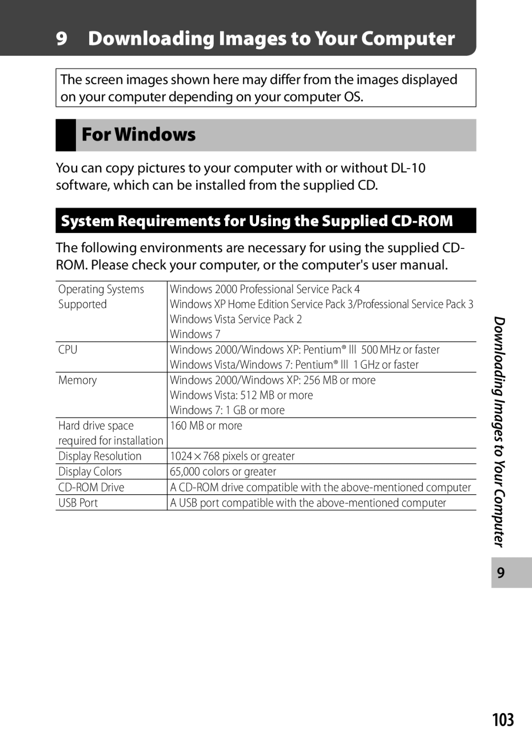 Ricoh CX3 manual Downloading Images to Your Computer, For Windows, 103, System Requirements for Using the Supplied CD-ROM 