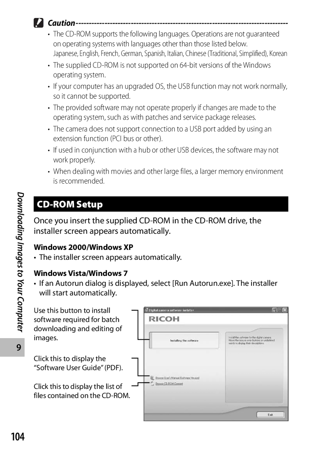 Ricoh CX3 manual 104, CD-ROM Setup, Installer screen appears automatically 