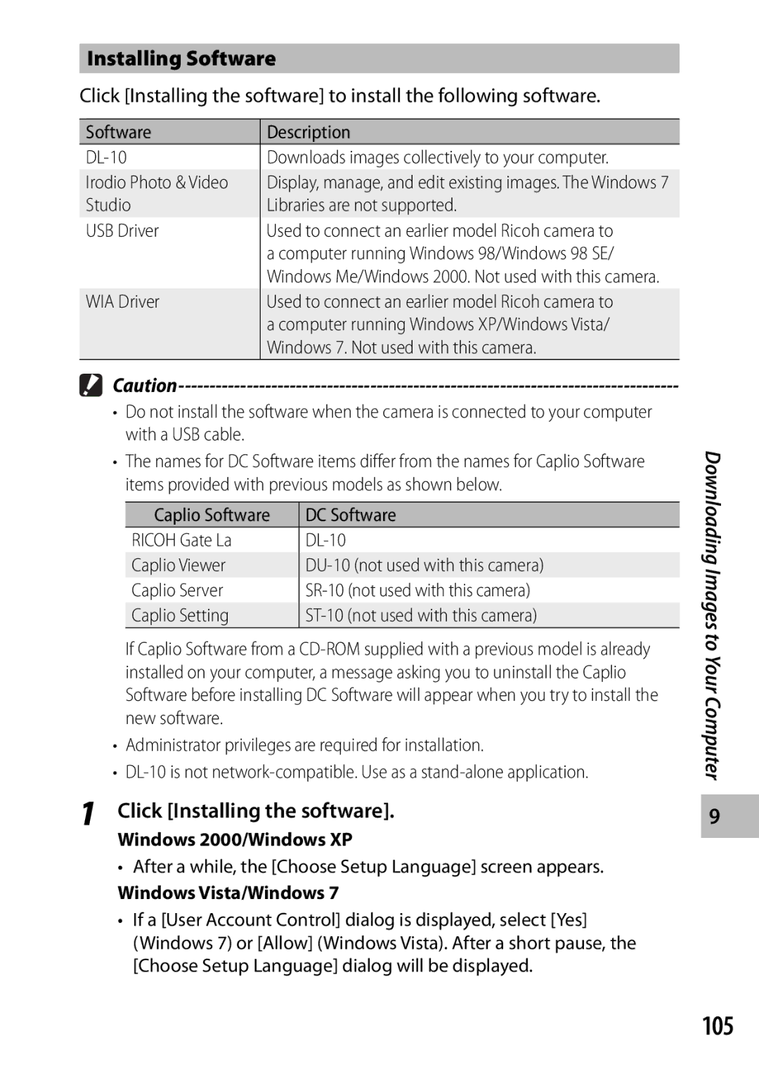 Ricoh CX3 manual 105, Installing Software, Click Installing the software 