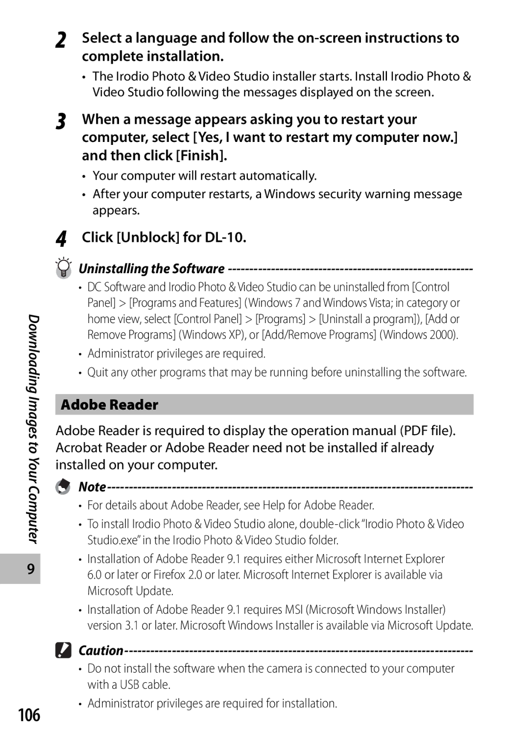 Ricoh CX3 manual 106, Click Unblock for DL-10, Adobe Reader, Uninstalling the Software 