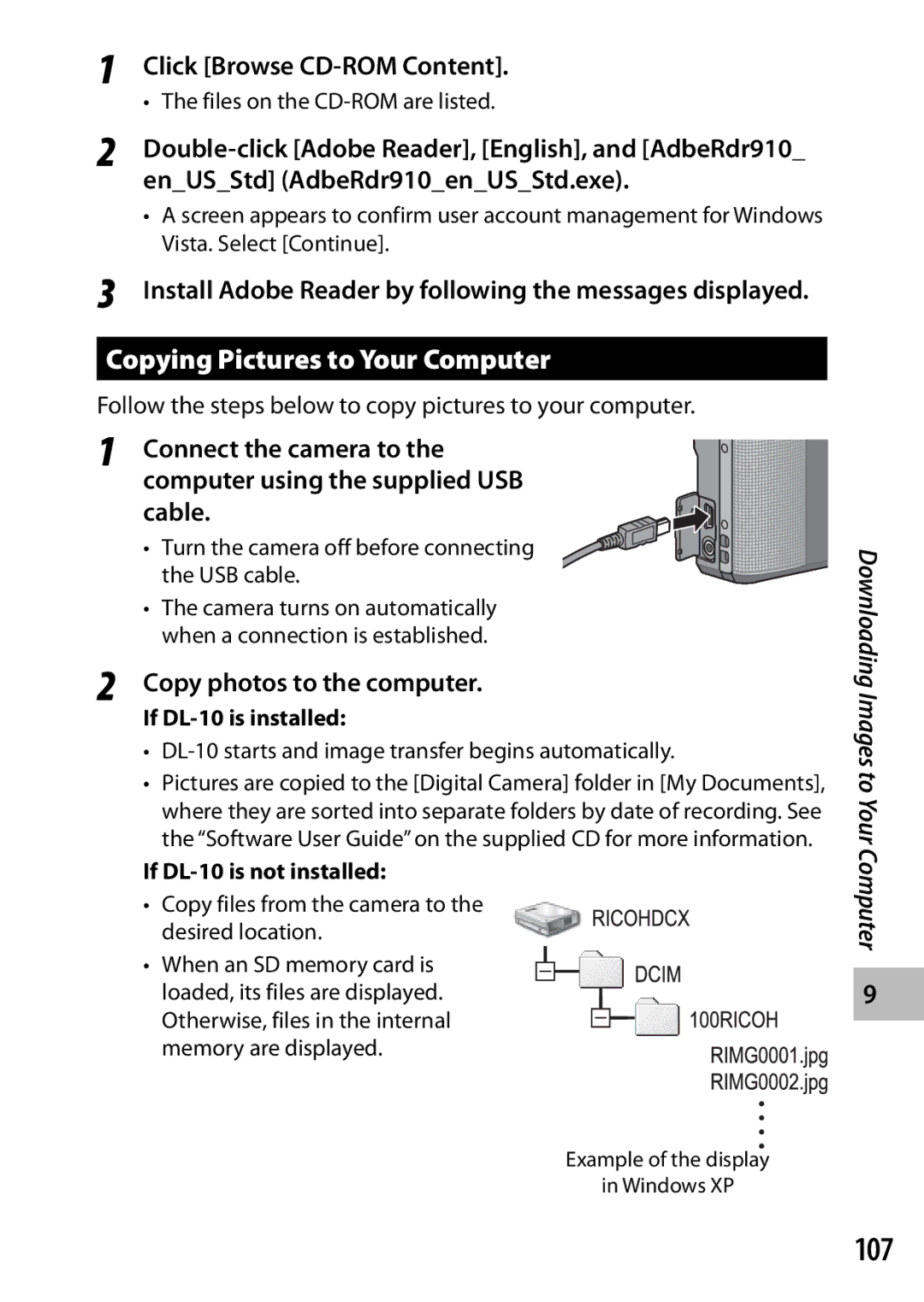 Ricoh CX3 manual 107, Copying Pictures to Your Computer, Click Browse CD-ROM Content, Copy photos to the computer 