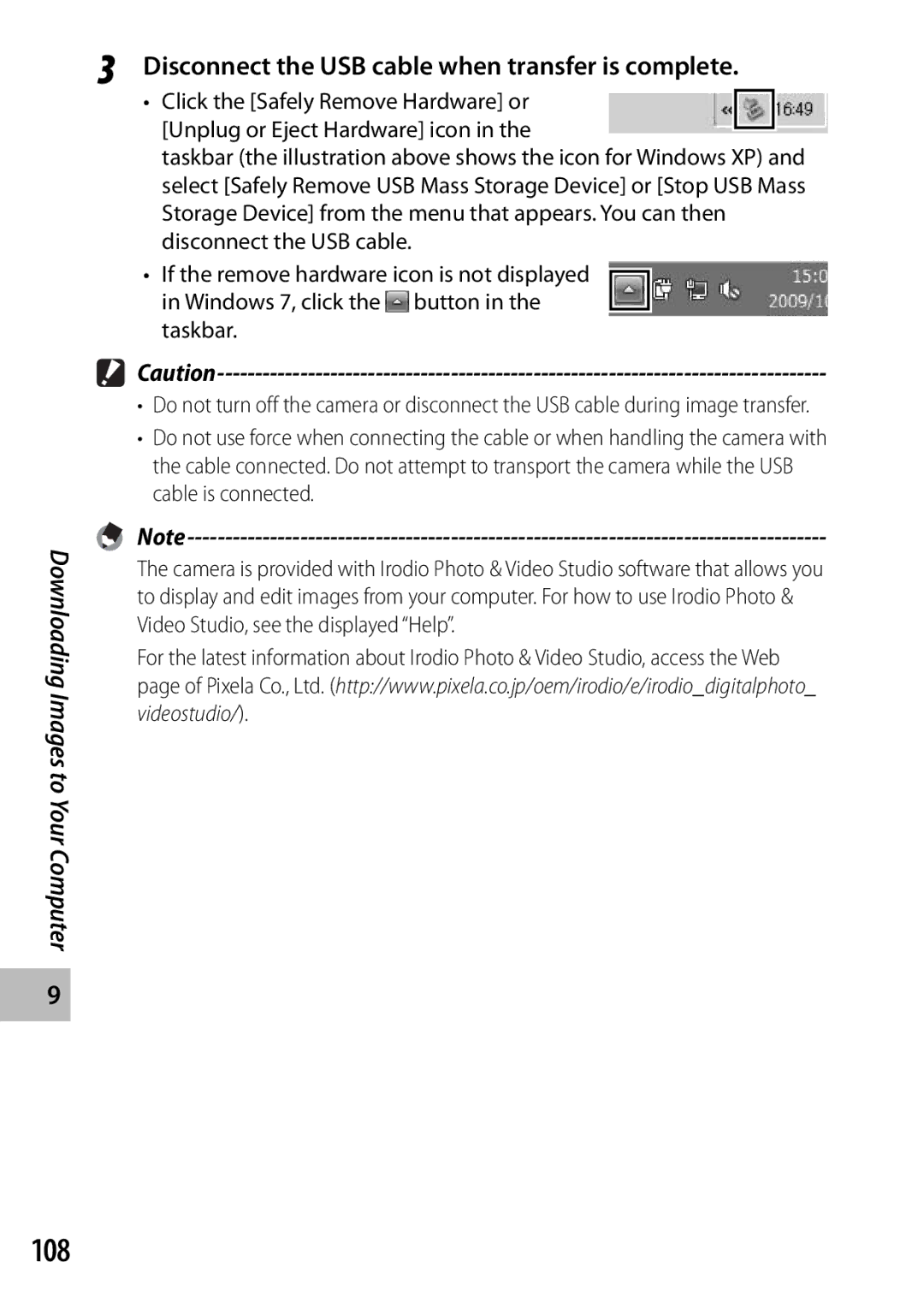 Ricoh CX3 manual 108, Disconnect the USB cable when transfer is complete, Windows 7, click the button Taskbar 