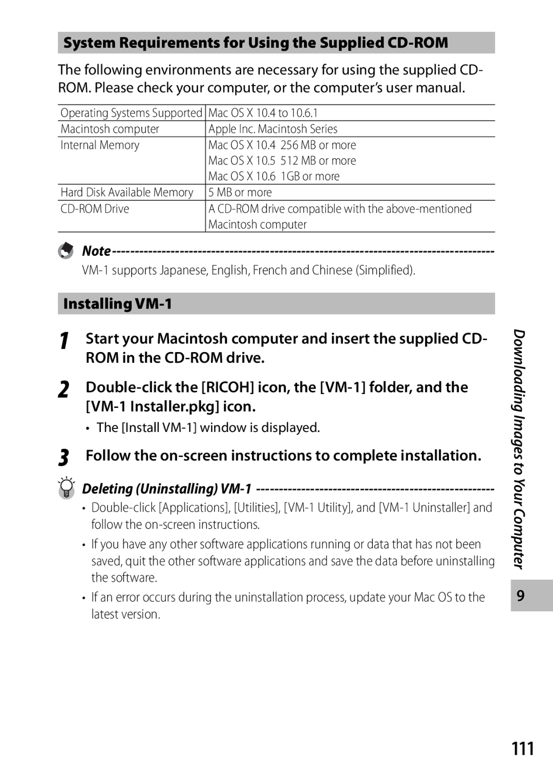 Ricoh CX3 manual 111, System Requirements for Using the Supplied CD-ROM, Installing VM-1, ROM in the CD-ROM drive 