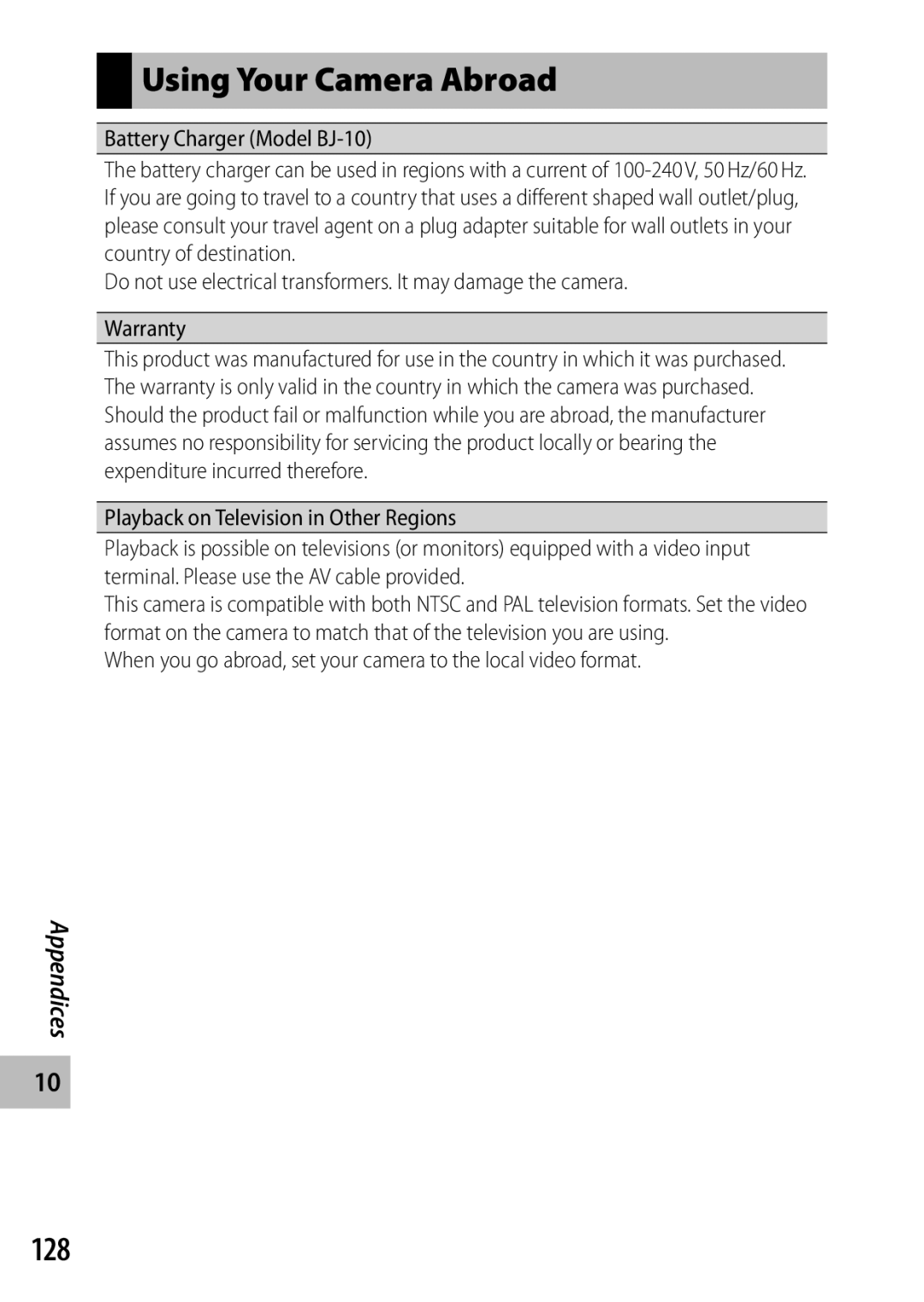 Ricoh CX3 manual Using Your Camera Abroad, 128, Battery Charger Model BJ-10, Playback on Television in Other Regions 