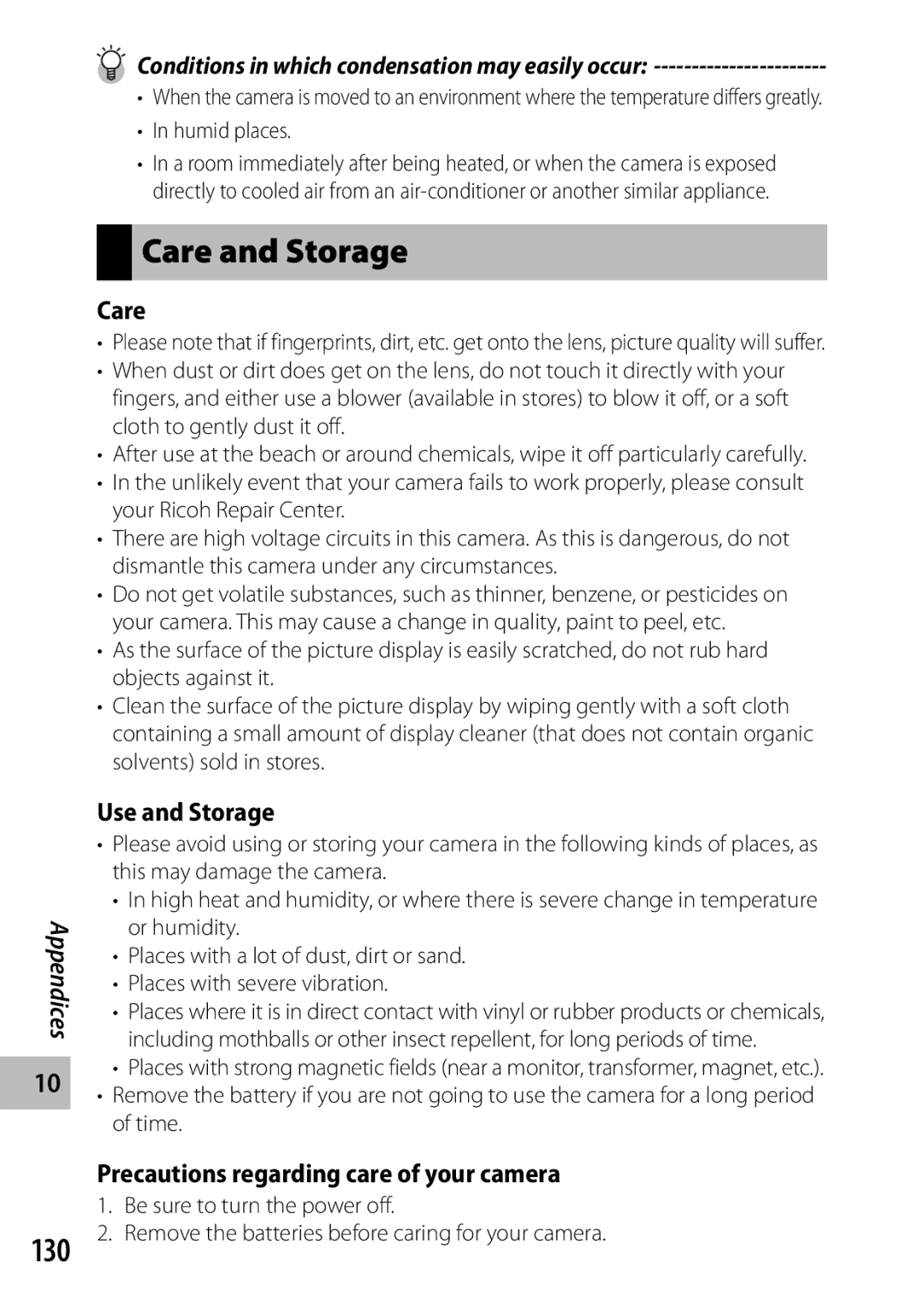 Ricoh CX3 manual Care and Storage, 130, Use and Storage, Precautions regarding care of your camera 