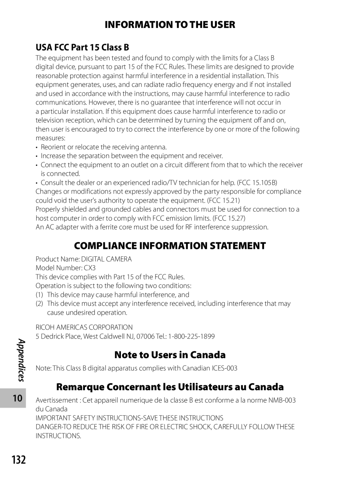 Ricoh CX3 manual 132, USA FCC Part 15 Class B, Dedrick Place, West Caldwell NJ, 07006 Tel 