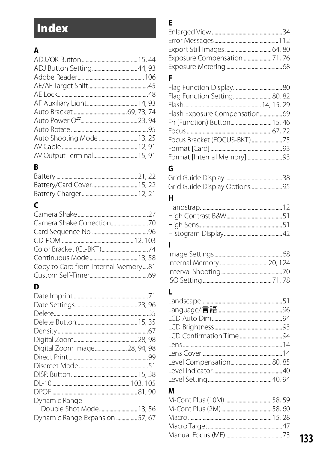 Ricoh CX3 manual Index, 133, 106, Dynamic Range, 112 