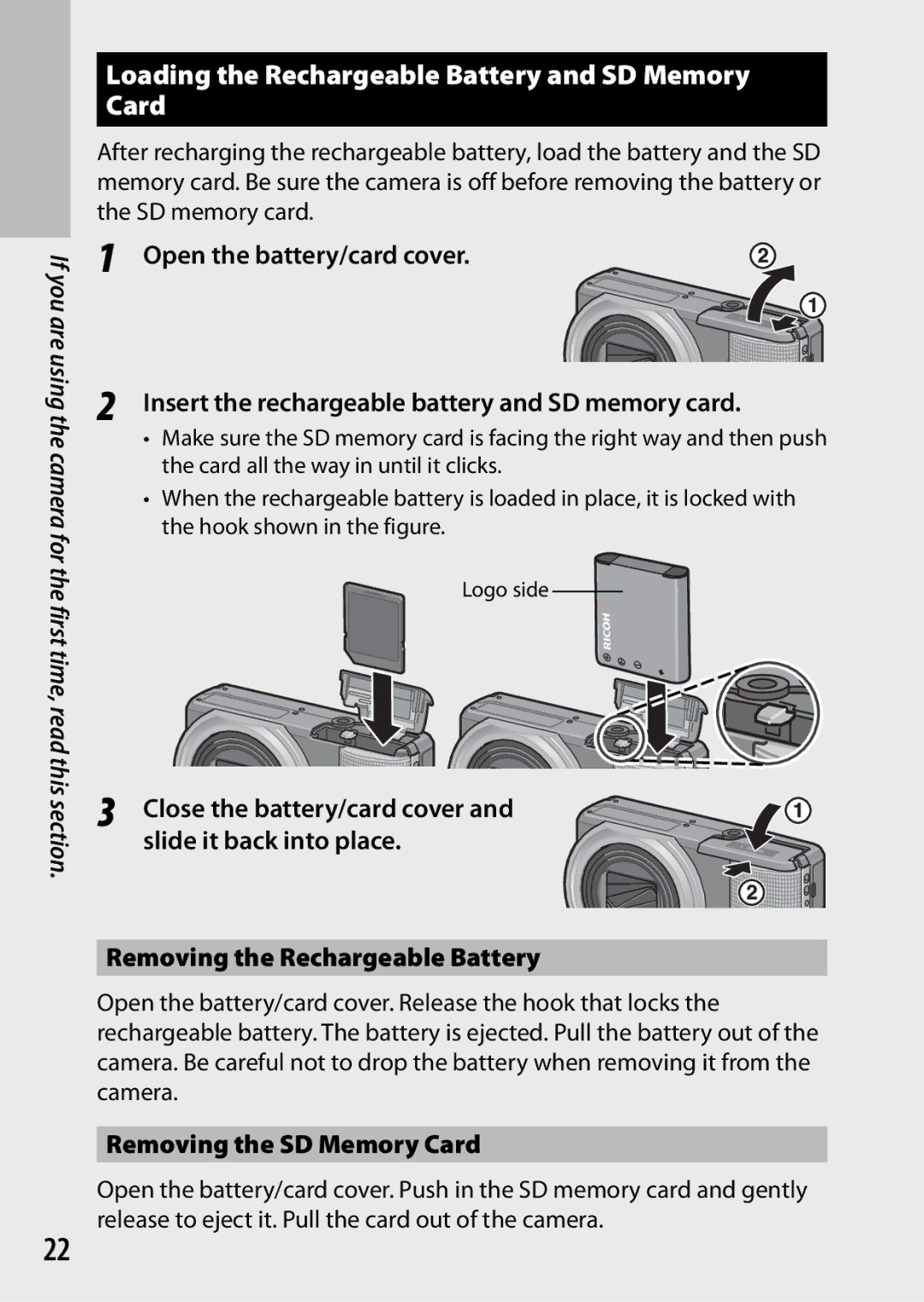 Ricoh CX3 manual Loading the Rechargeable Battery and SD Memory Card, Removing the SD Memory Card, Logo side 