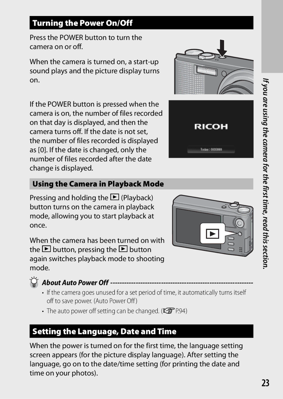 Ricoh CX3 manual Turning the Power On/Off, Setting the Language, Date and Time, Using the Camera in Playback Mode 