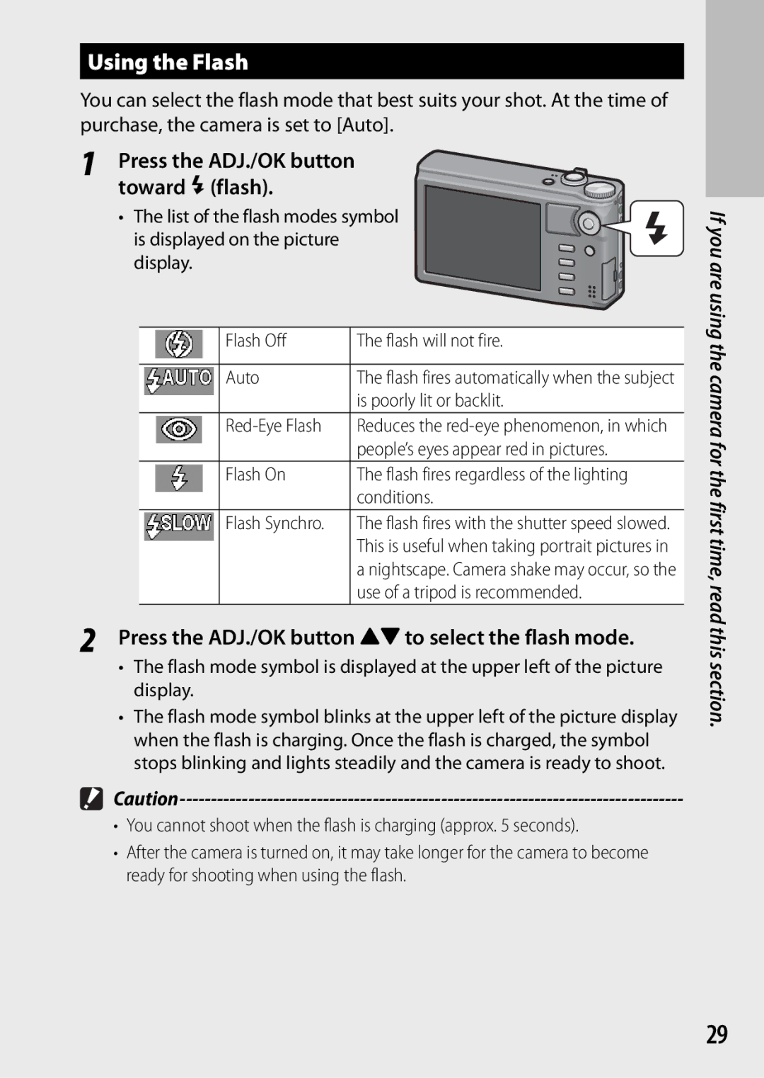 Ricoh CX3 Using the Flash, Press the ADJ./OK button toward Fflash, Press the ADJ./OK button !to select the flash mode 