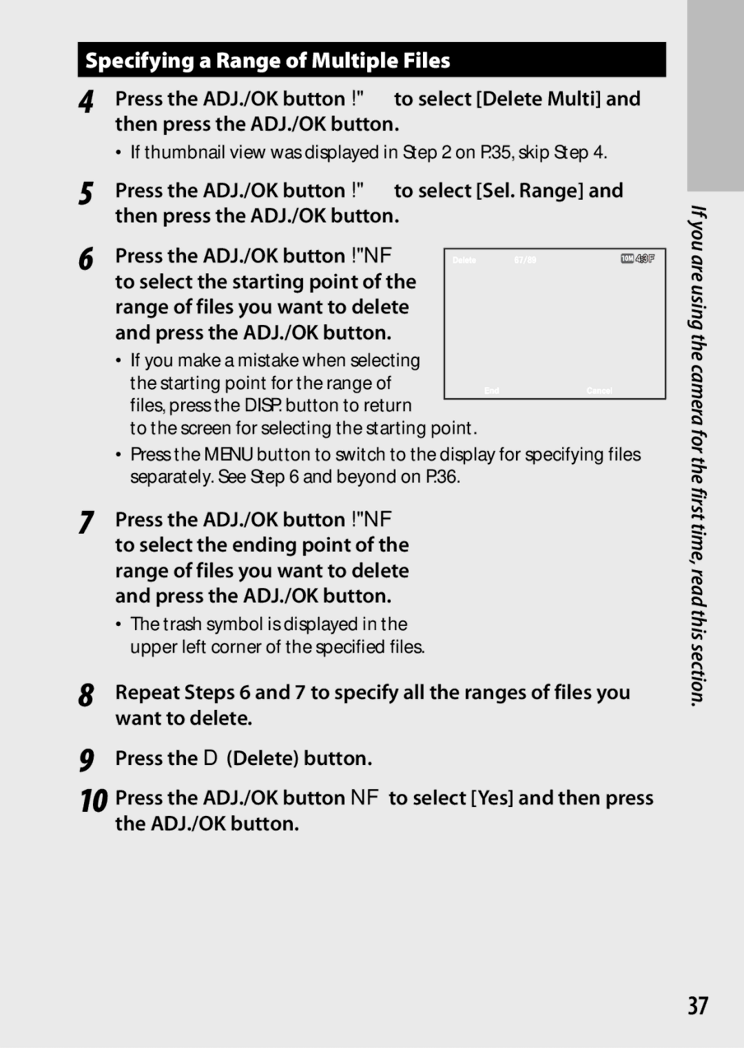 Ricoh CX3 Specifying a Range of Multiple Files, Press the ADJ./OK button !to select Sel. Range, To select the ending point 