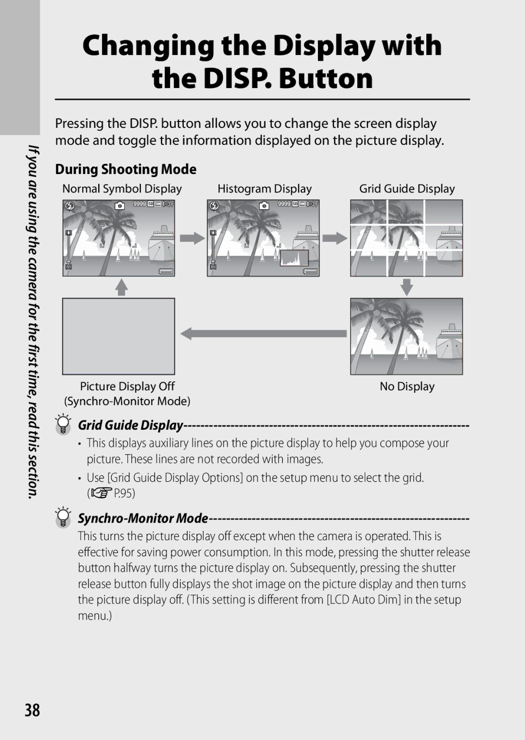 Ricoh CX3 manual During Shooting Mode, Synchro-Monitor Mode, Histogram Display Grid Guide Display 