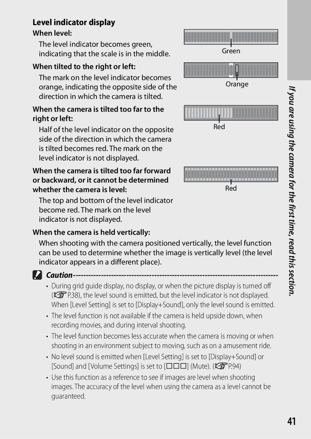 Ricoh CX3 manual Level indicator display, Level indicator becomes green, Direction in which the camera is tilted 