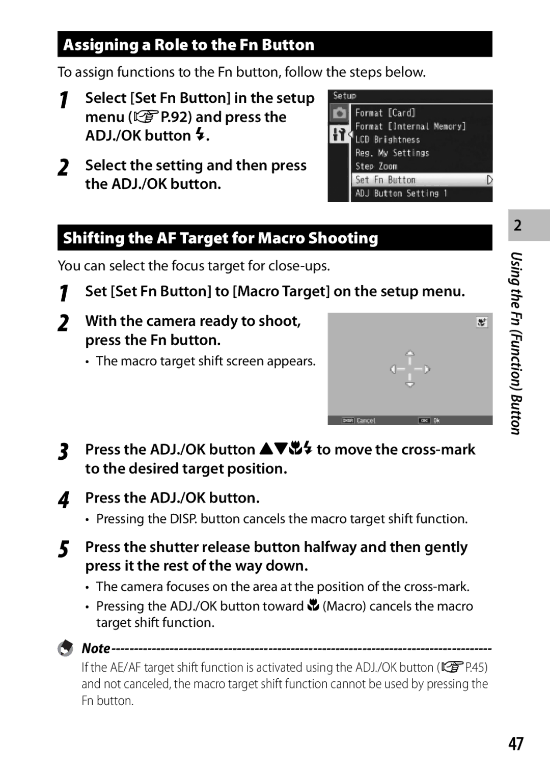 Ricoh CX3 manual Assigning a Role to the Fn Button, Shifting the AF Target for Macro Shooting 