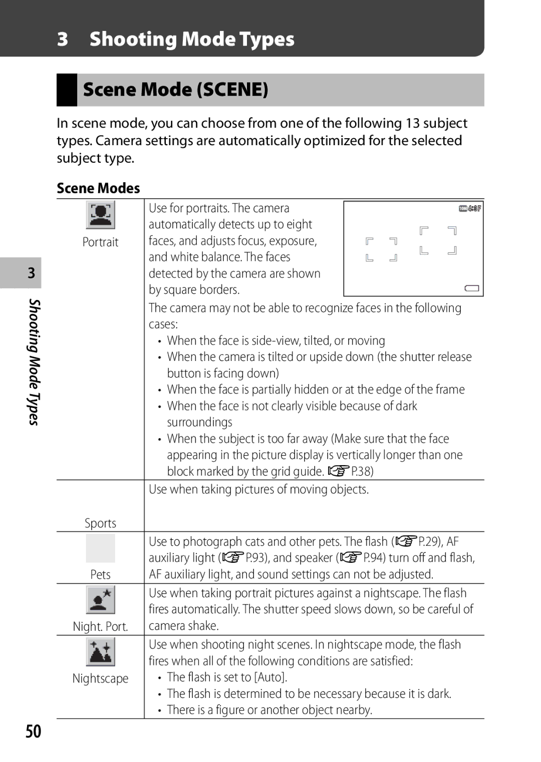 Ricoh CX3 manual Shooting Mode Types, Scene Mode Scene, Scene Modes 