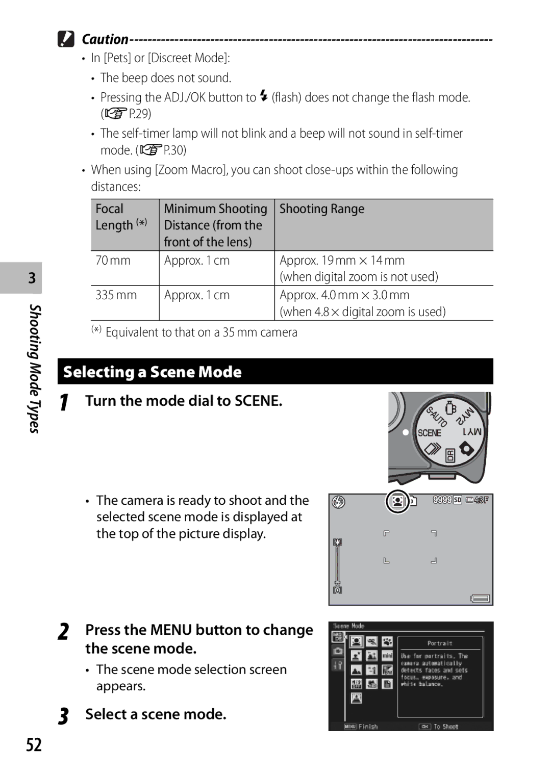 Ricoh CX3 manual Selecting a Scene Mode, Turn the mode dial to Scene, Press the Menu button to change the scene mode 