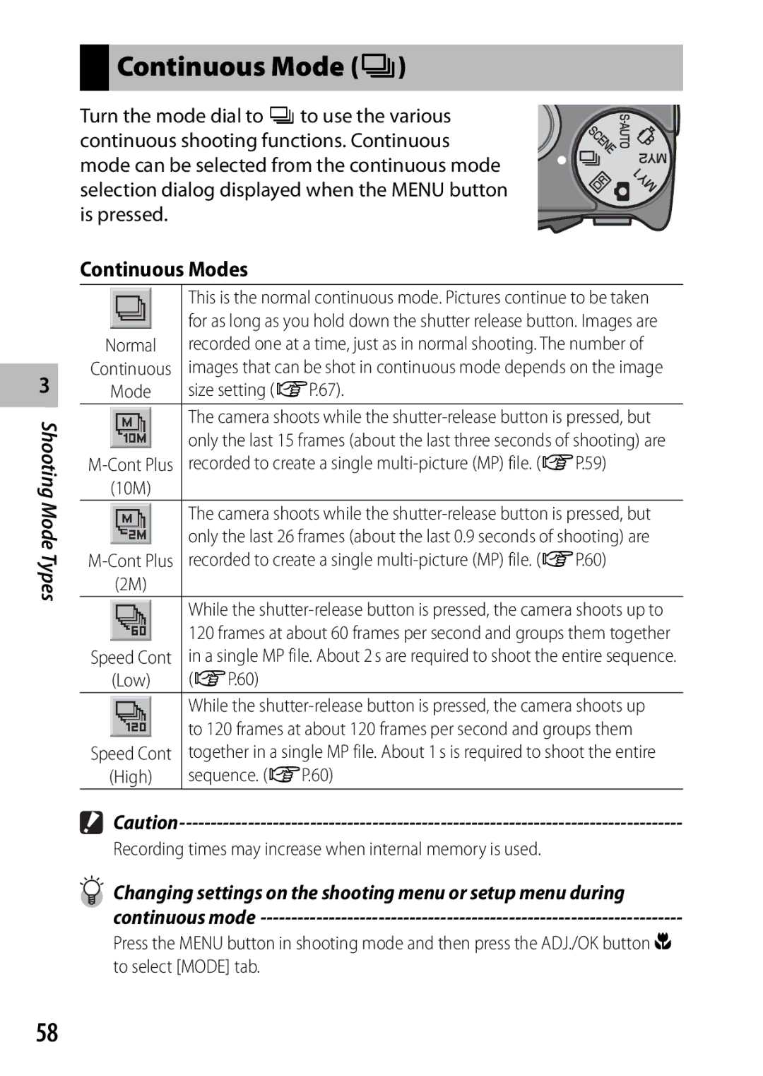 Ricoh CX3 manual Continuous Mode R, Continuous Modes 