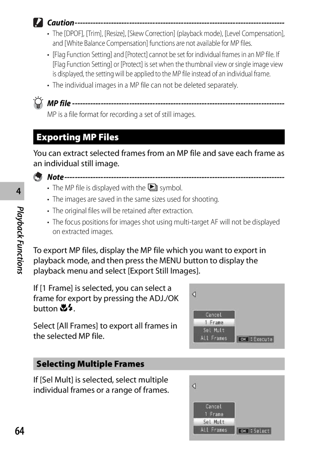 Ricoh CX3 manual Exporting MP Files, Selecting Multiple Frames 