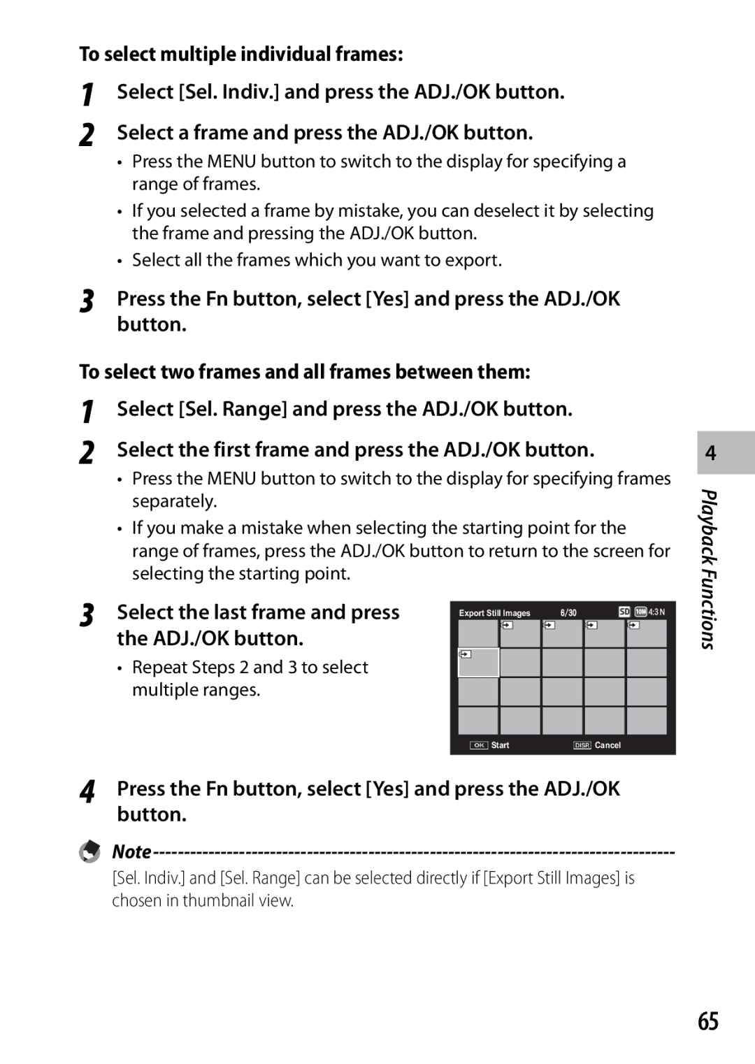 Ricoh CX3 manual To select two frames and all frames between them, Select Sel. Range and press the ADJ./OK button 