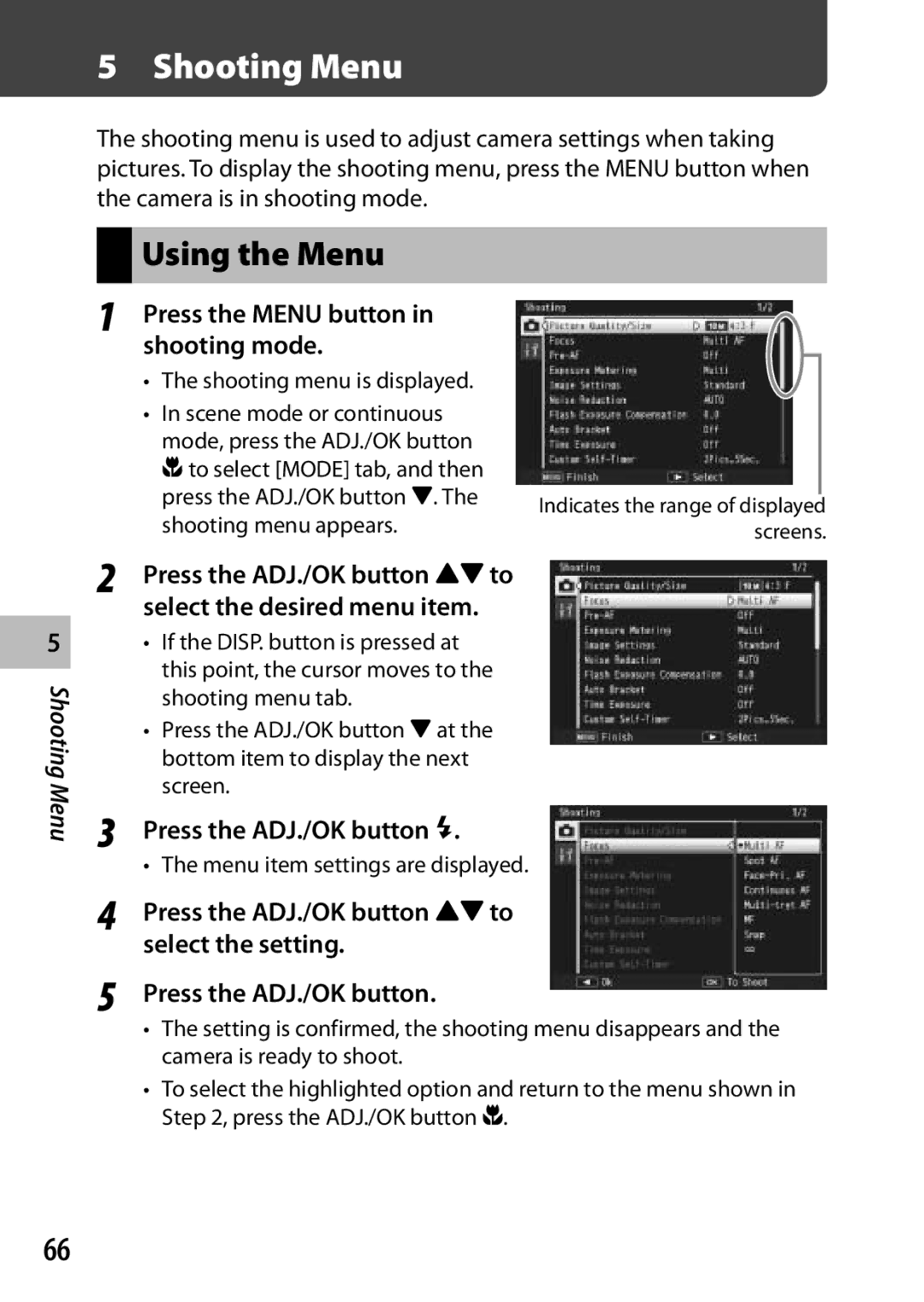 Ricoh CX3 manual Shooting Menu, Using the Menu 