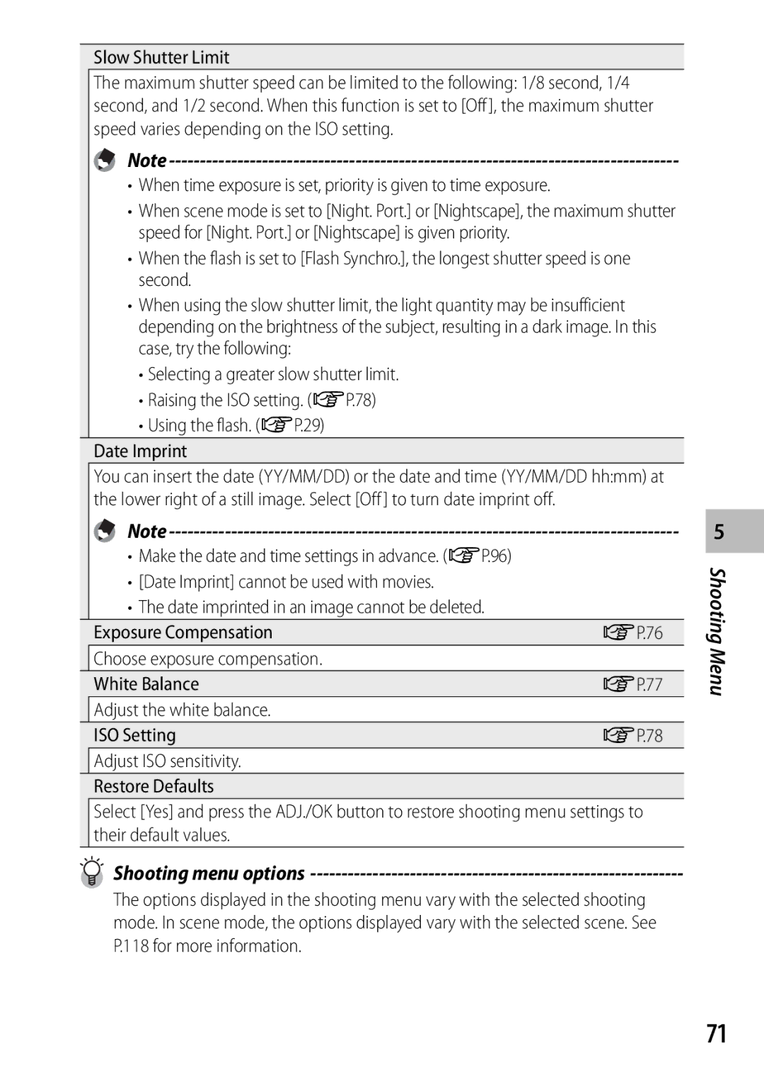 Ricoh CX3 manual Slow Shutter Limit, Shooting menu options 