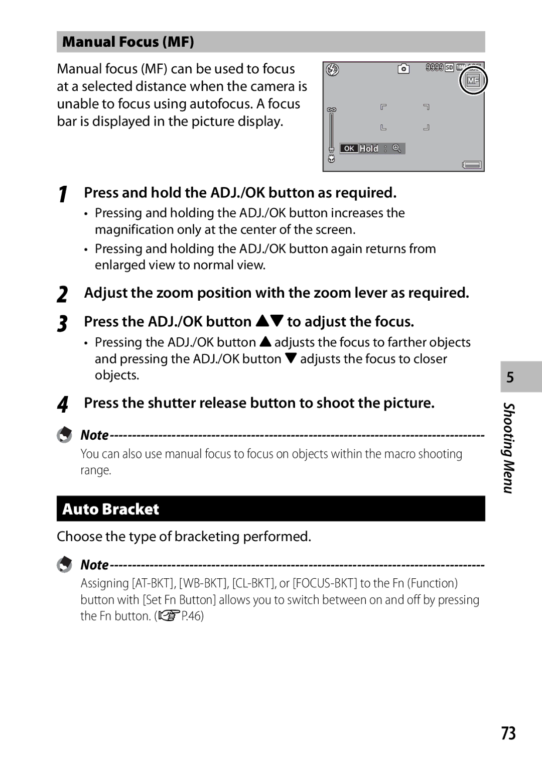 Ricoh CX3 manual Auto Bracket, Manual Focus MF, Press and hold the ADJ./OK button as required 