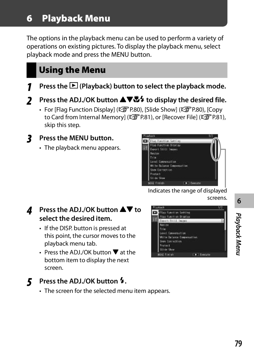 Ricoh CX3 manual Playback Menu, Press the Menu button, Press the ADJ./OK button !to select the desired item 