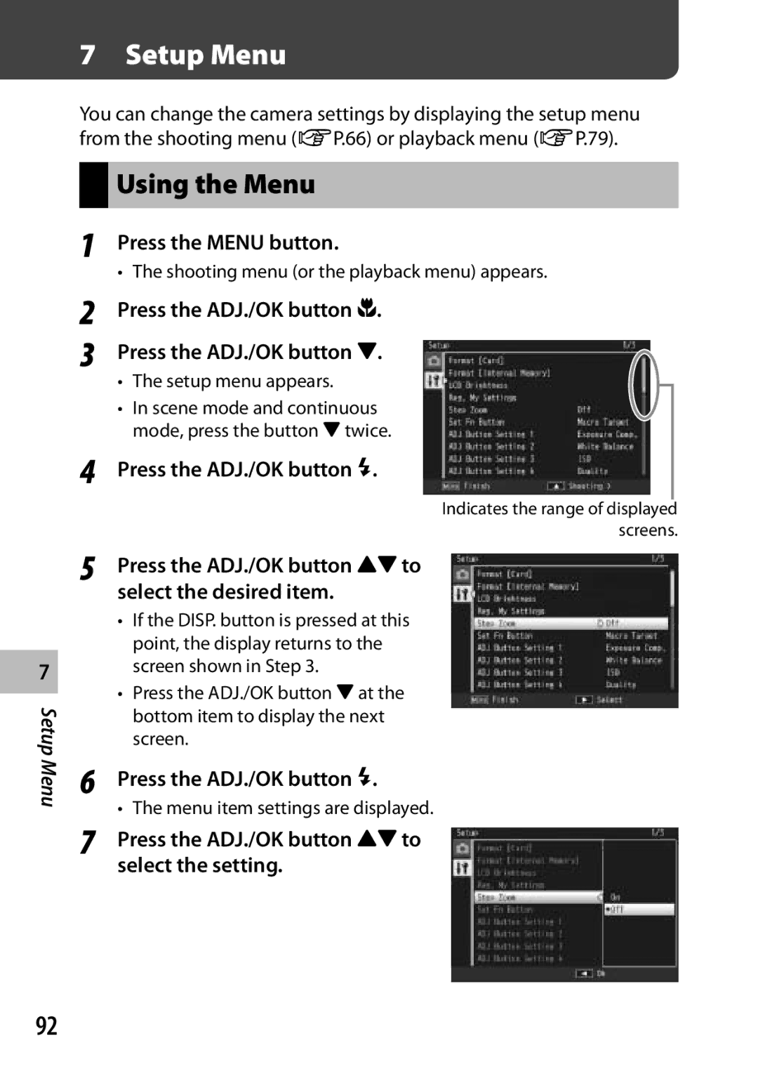 Ricoh CX3 manual Setup Menu, Press the ADJ./OK button N, Select the desired item 