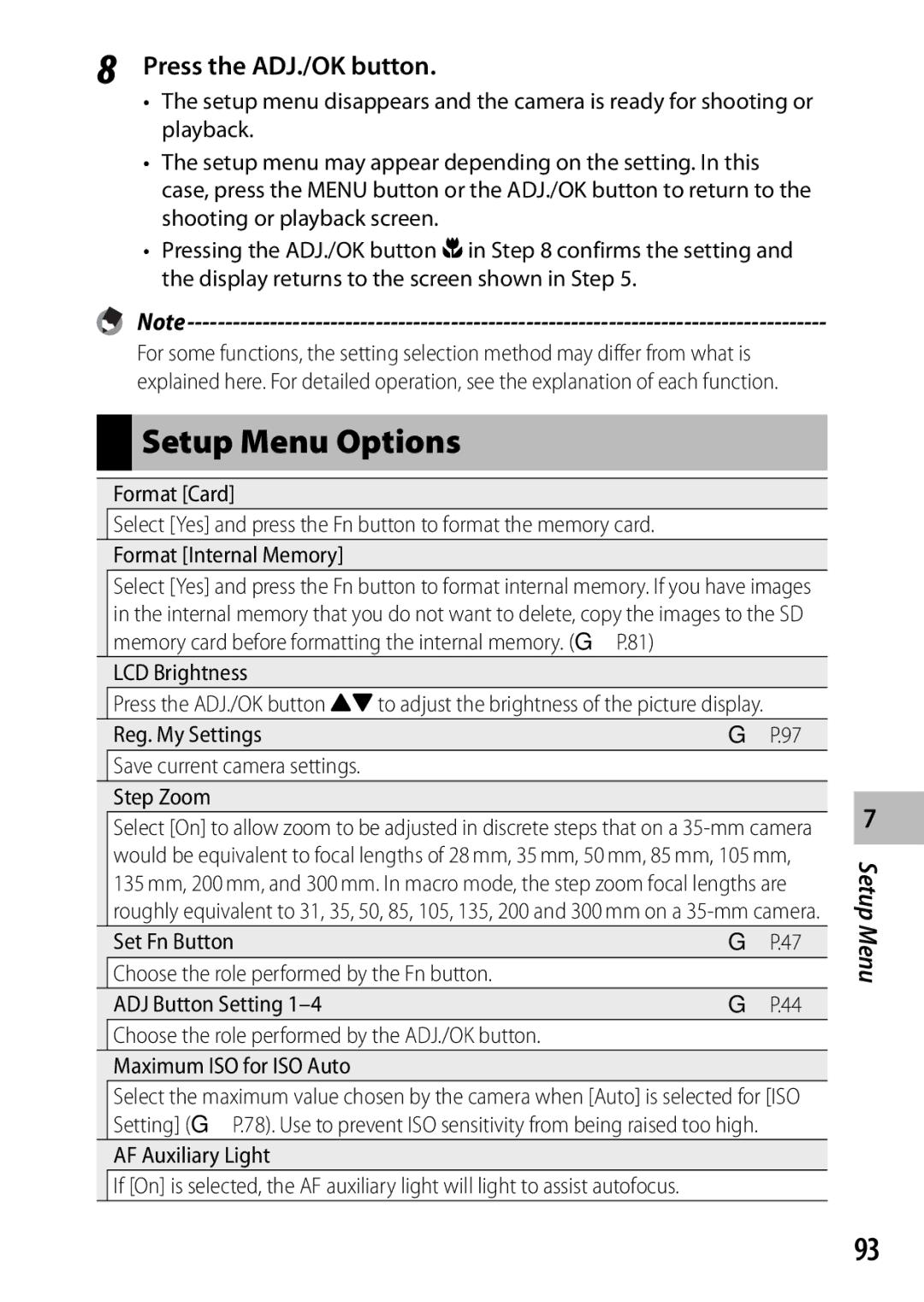 Ricoh CX3 manual Setup Menu Options, LCD Brightness, Memory card before formatting the internal memory. GP.81 