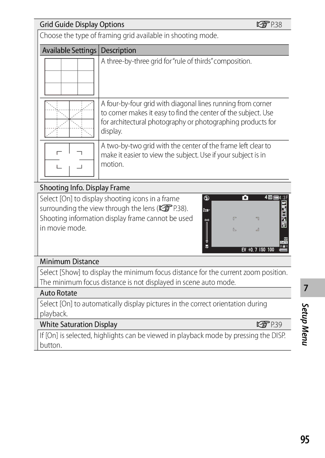 Ricoh CX3 manual Grid Guide Display Options GP.38, Motion Shooting Info. Display Frame, Minimum Distance 