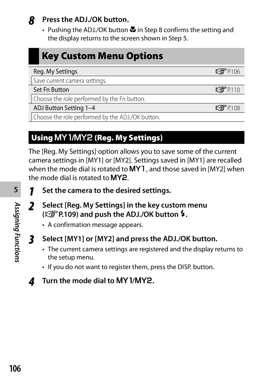 Ricoh CX6 manual Key Custom Menu Options, 106, Using T/UReg. My Settings 