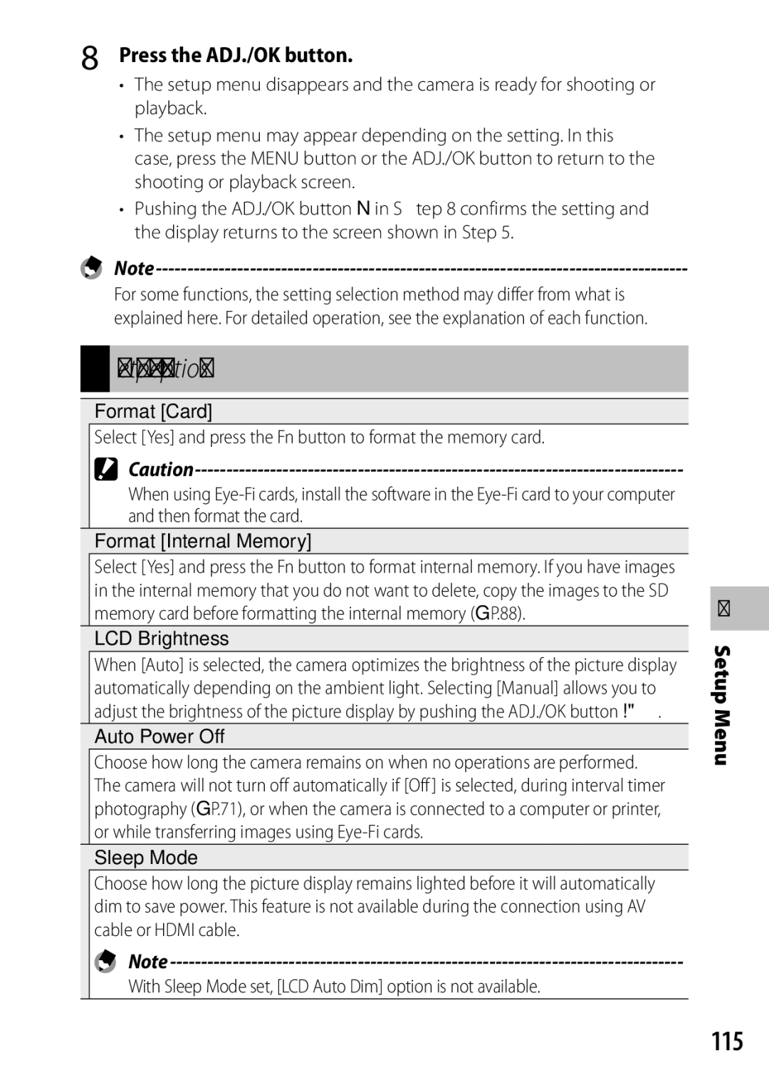 Ricoh CX6 manual Setup Menu Options, 115, LCD Brightness, Auto Power Off 