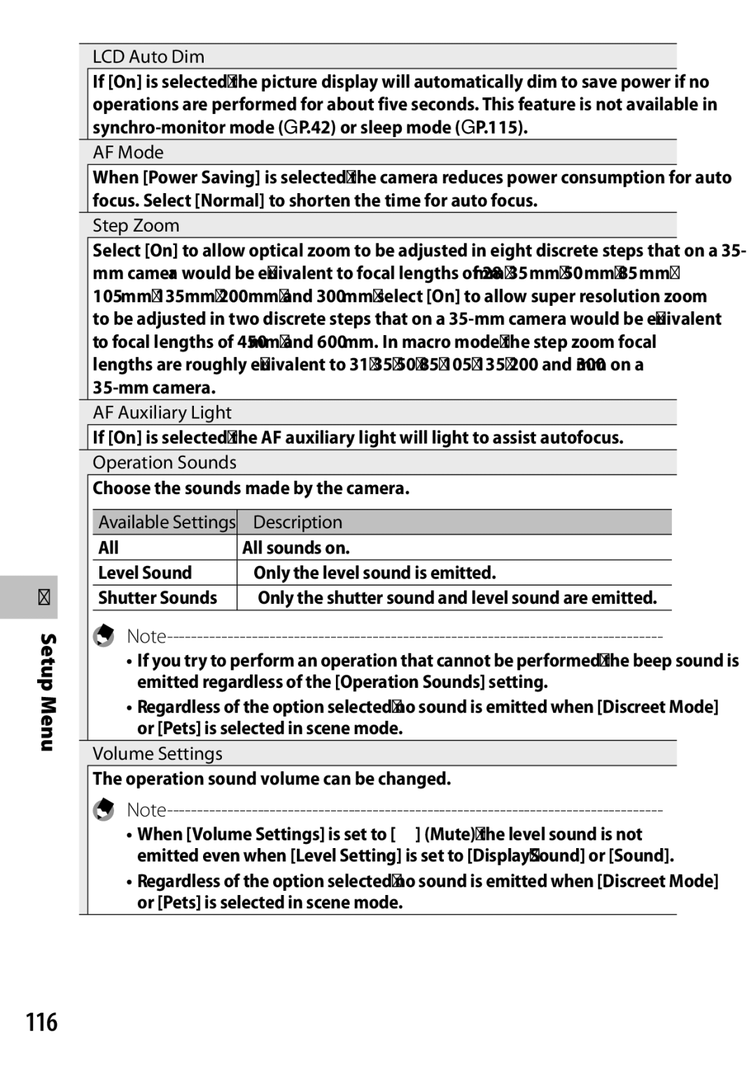 Ricoh CX6 manual 116, LCD Auto Dim, AF Mode, Available Settings, Only the shutter sound and level sound are emitted 