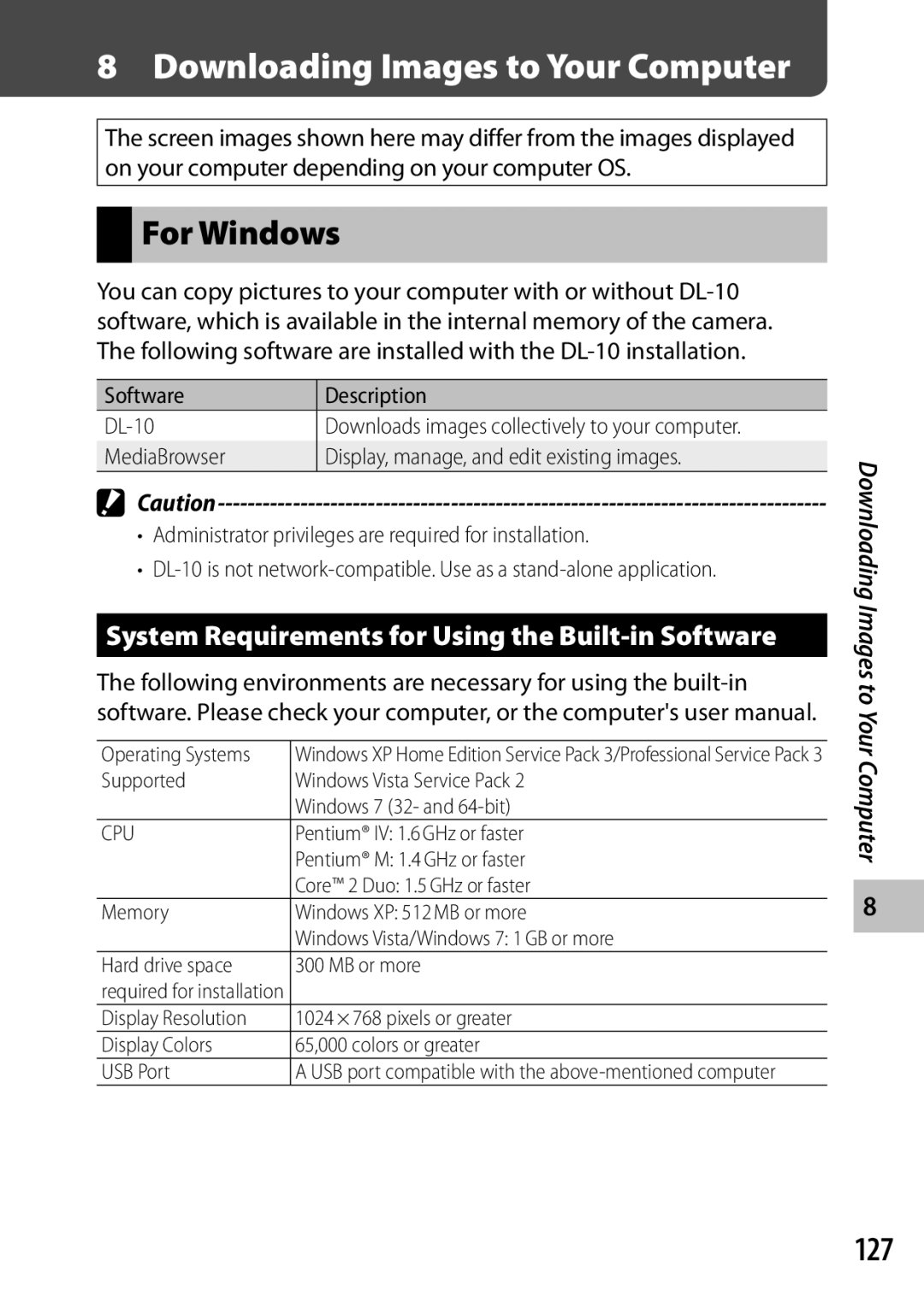 Ricoh CX6 manual For Windows, 127, System Requirements for Using the Built-in Software, Software Description DL-10 