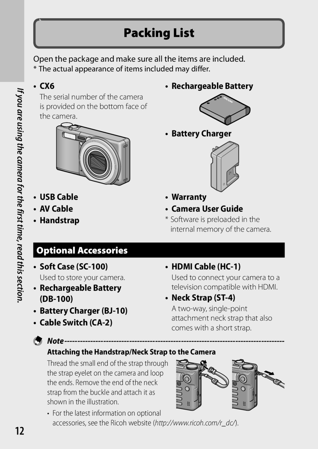 Ricoh CX6 manual Optional Accessories, Soft Case SC-100, Neck Strap ST-4, Attaching the Handstrap/Neck Strap to the Camera 