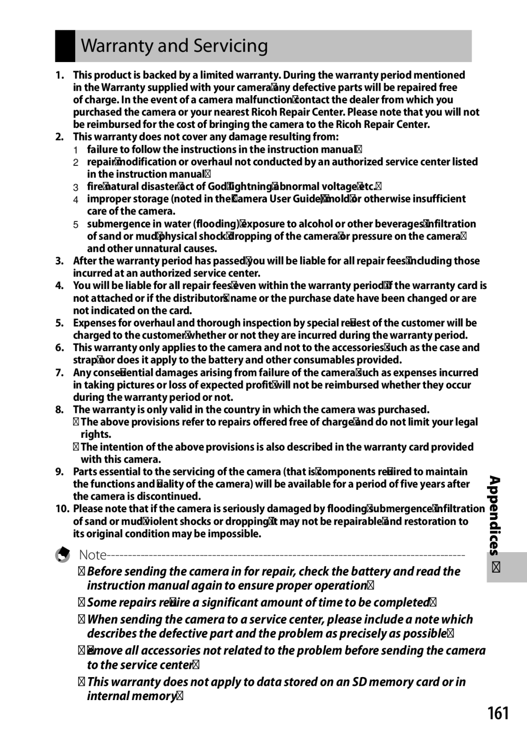 Ricoh CX6 manual Warranty and Servicing, 161 