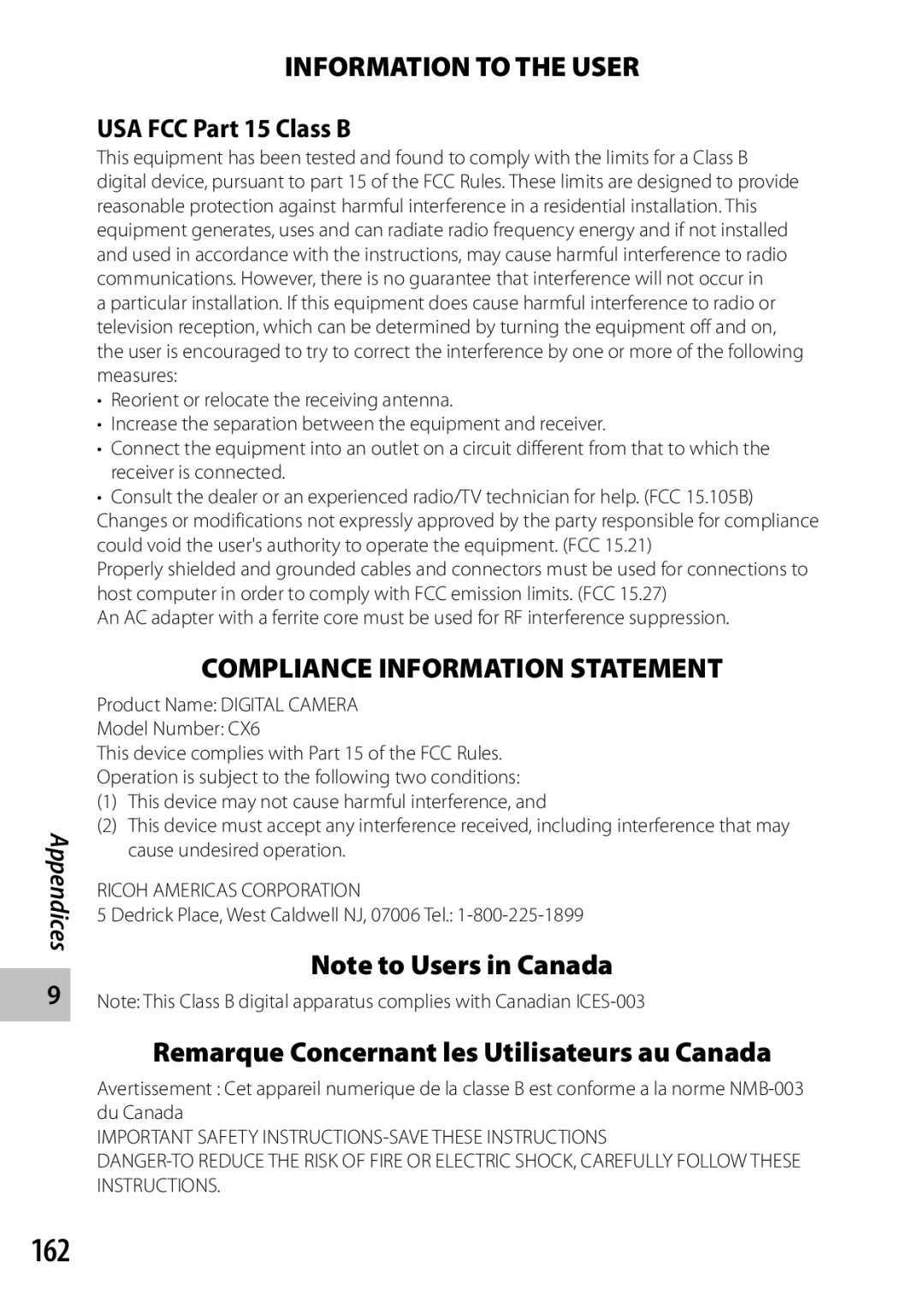 Ricoh CX6 manual 162, USA FCC Part 15 Class B, Dedrick Place, West Caldwell NJ, 07006 Tel 
